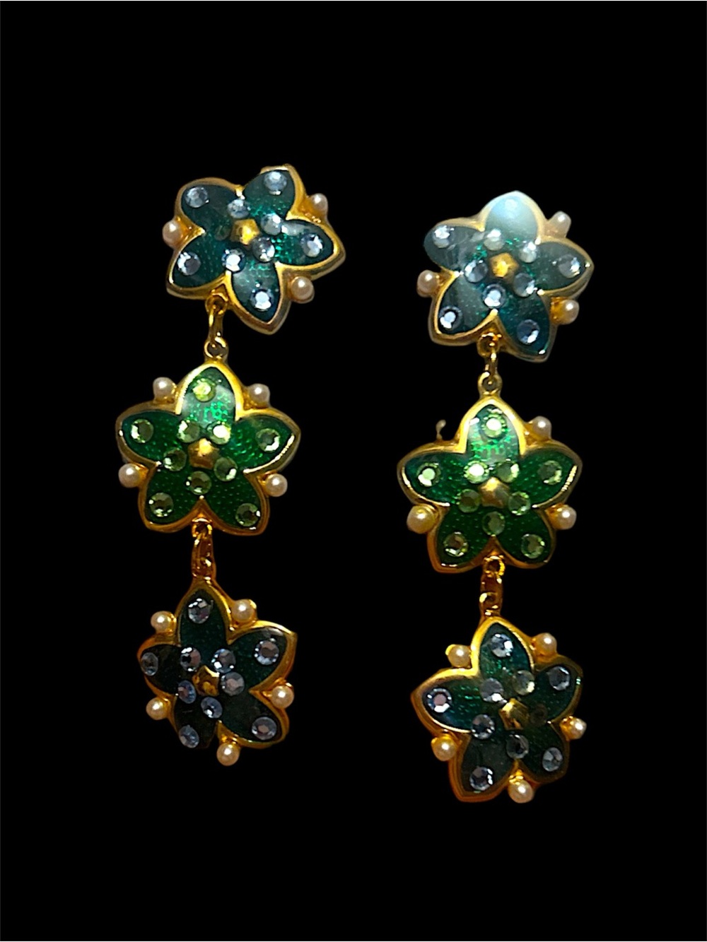 Craft Green Floral Triple-Drop Earrings - Gold